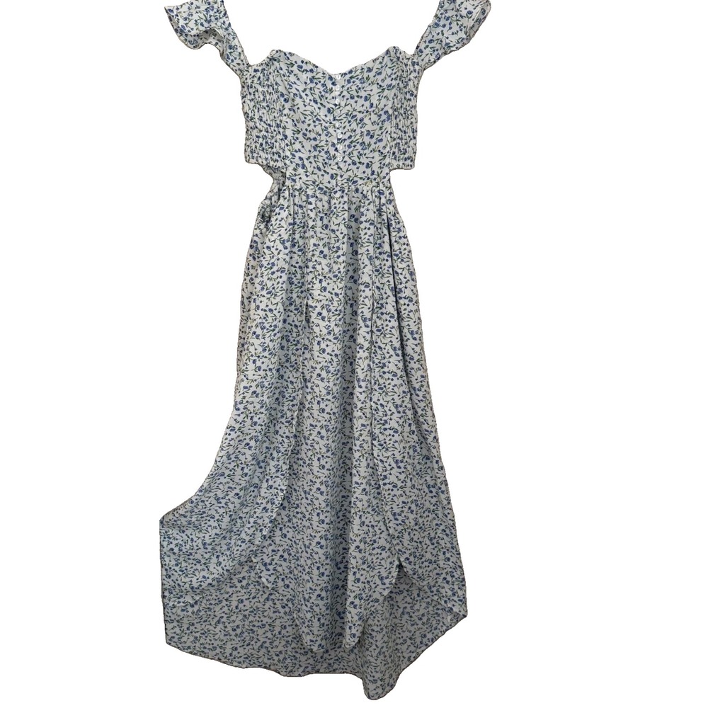 LULUS Blue Floral Off Shoulder Smocked Maxi Dress Sz M Boho Cottagecore Romantic